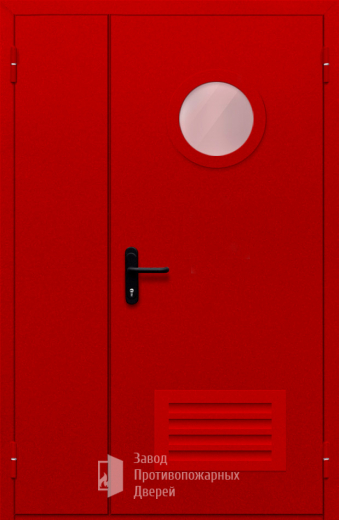 Фото двери «Полуторная с круглым стеклом и решеткой (красная)» в Туле